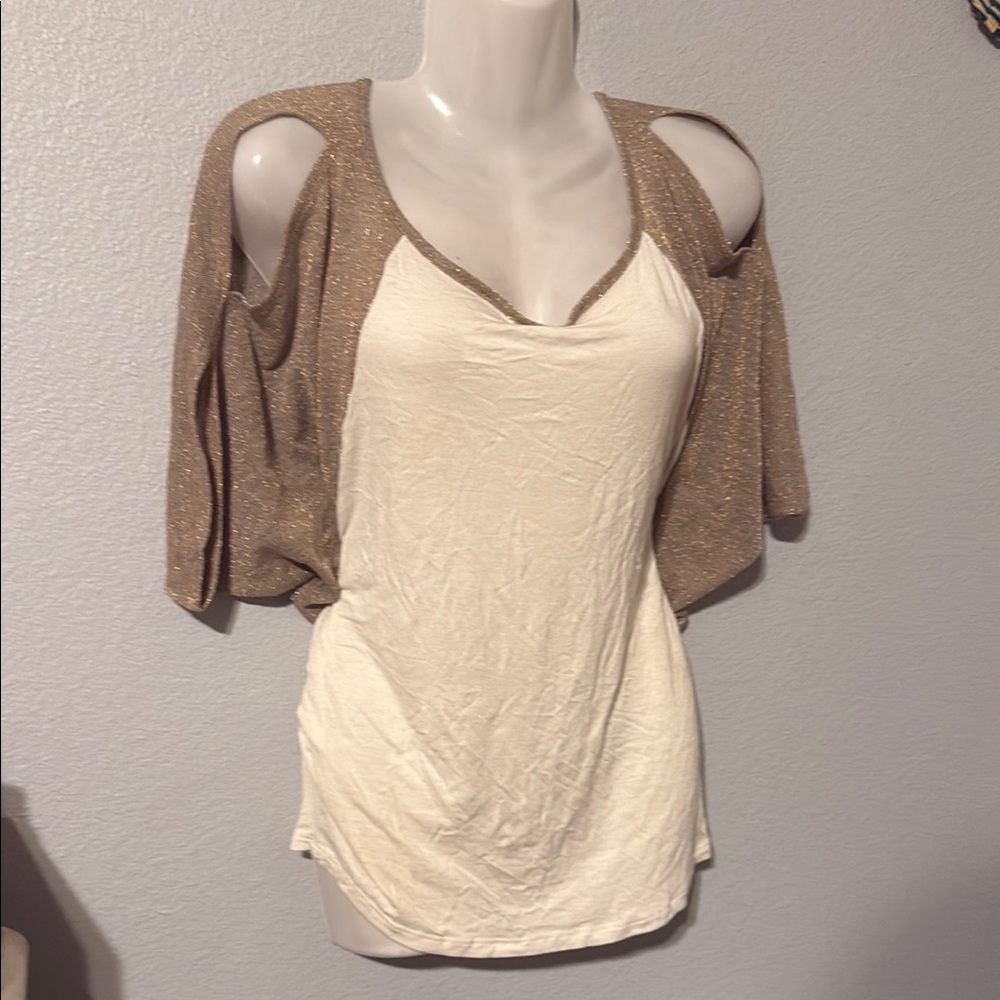 Cream and Tan Open Shoulder Top